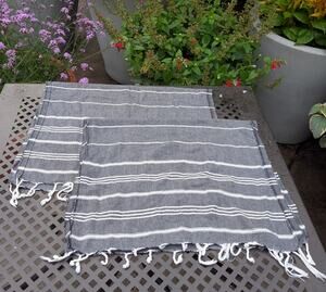 Set of 2 Gray White Striped Tassel Hand Towels